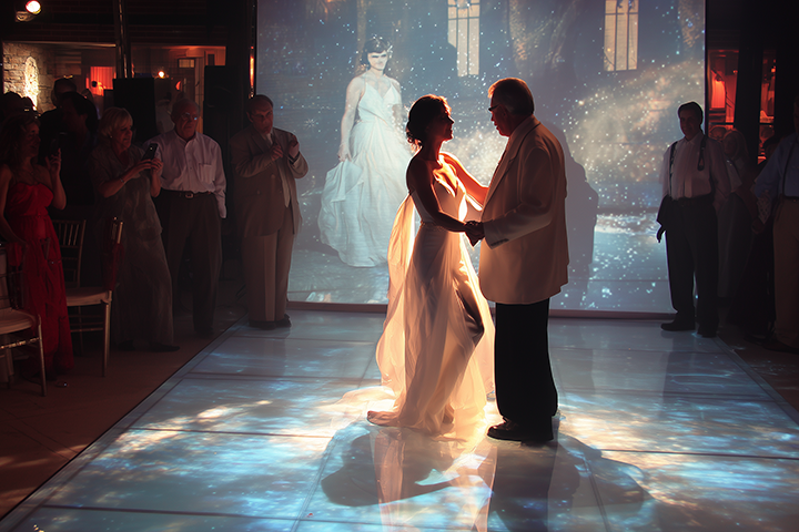 Bride dancing with her father in front of video projection