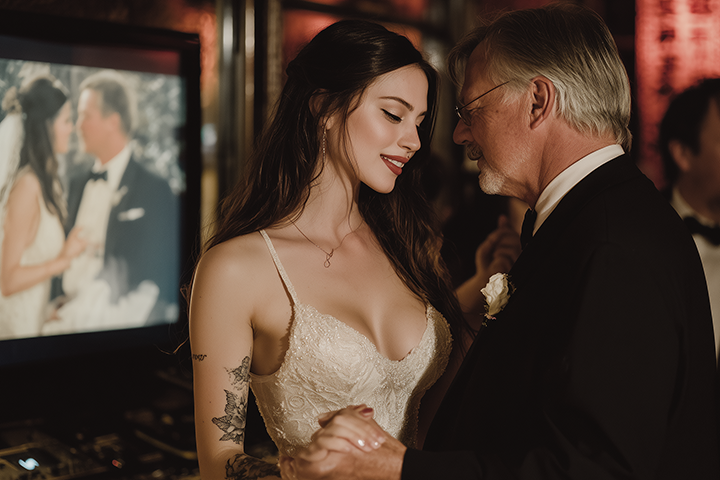 Bride with her father in front of video projection