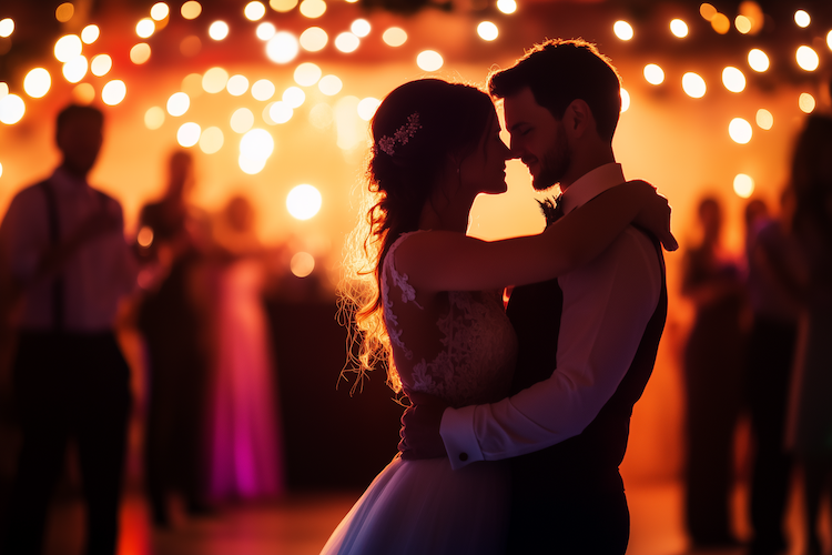 Couple surrounded by twinkle lights